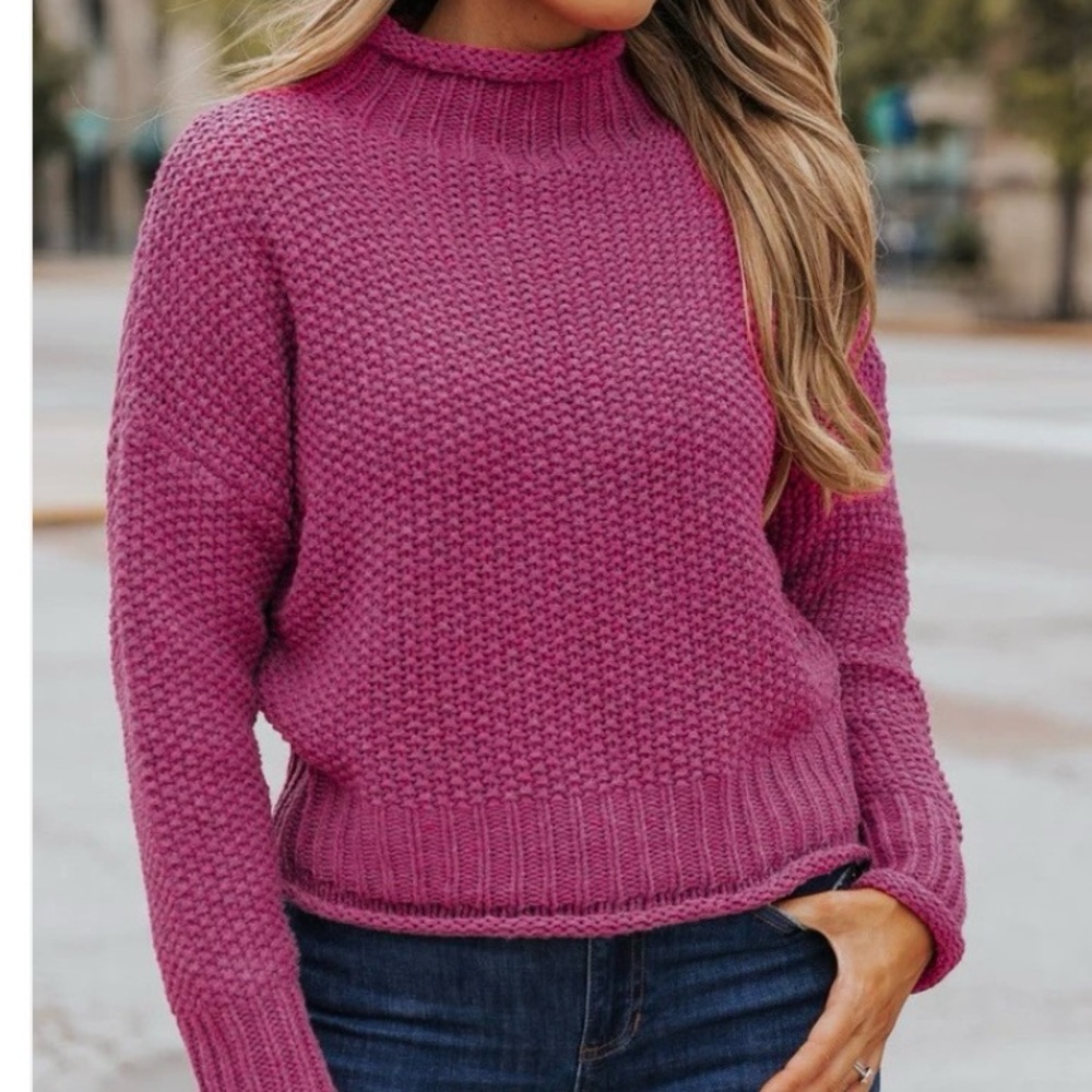 She and Sky Sierra Magenta Long Sleeve Knit Mock Turtleneck Sweater Womens L NWT